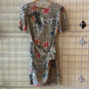 Vintage Victoria Soie 100% silk tropical and leopard print dress with front tie